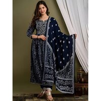 Floral Printed Round Neck Regular Thread Work Kurta With Trousers And Dupatta