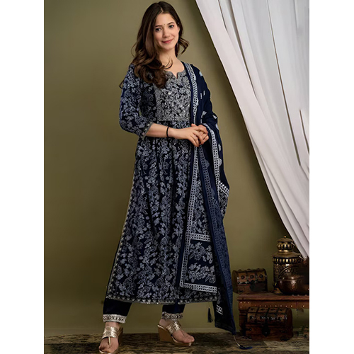 Floral Printed Round Neck Regular Thread Work Kurta With Trousers And Dupatta