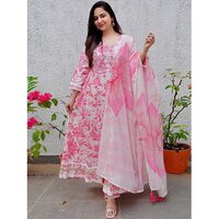 Floral Printed Empire Mirror Work Anarkali Kurta With Trousers And Dupatta