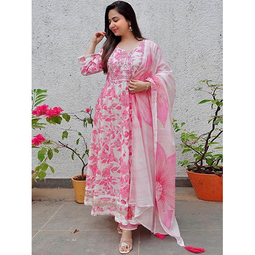 Floral Printed Empire Mirror Work Anarkali Kurta With Trousers And Dupatta