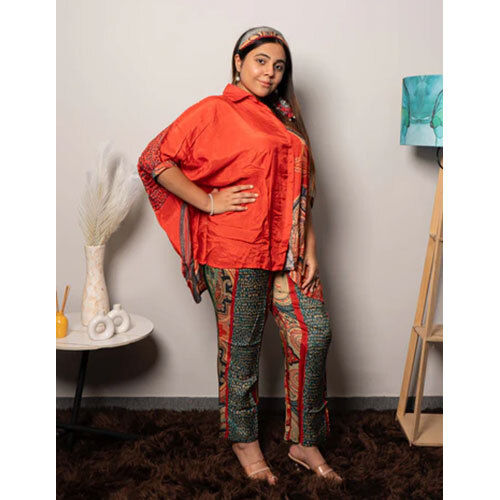 Different Available Ladies Red Muslin Shirt Collar Abstract Loose Fit Co-Ord Set