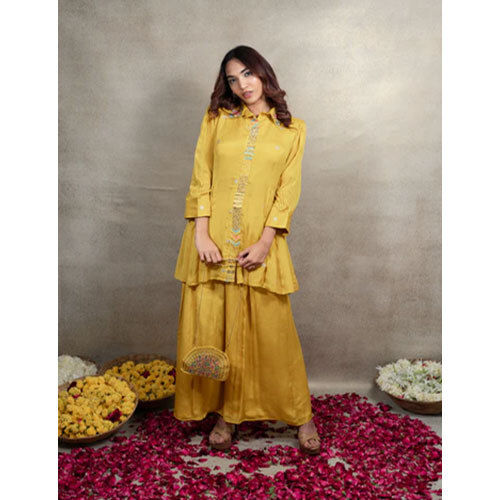 Different Available Yellow Work Fabric Crepe Kurta Sharara Co-Ord Set With Shirt Collar Hand Work