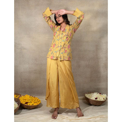 Different Available Yellow Floral Chinnon Co-Ord Set With Shirt Collar Hand Work