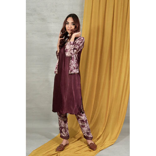 Different Available Maroon Floral Gaji Silk Straight Fit Kurta With Pant Set