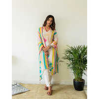 Different Available Cream Crepe V-Neck Floral Straight Cut Kurta Pant Dupatta