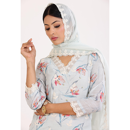 Pure Linen Printed Kurta Pant Dupatta 3 Piece Set