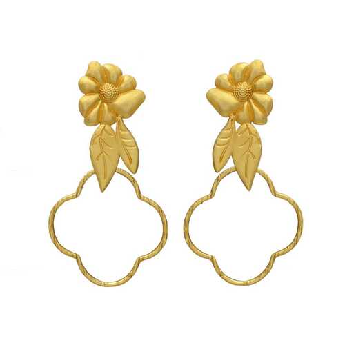 Yellow Gold Plated Flower and Leaf Dangle Earrings