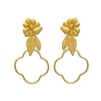 Yellow Gold Plated Flower And Leaf Dangle Earrings