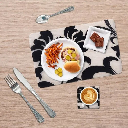 Printed White And Black Designer Table Mat With Coaster Set