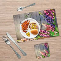 Printed Table Placemats With Coaster Set - Plastic Material 11.5x17.5" Mat & 3.5x3.5" Coasters | Multicolor Printed Rectangle Design