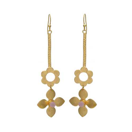 Gold Floral Earrings with Pink Gemstone