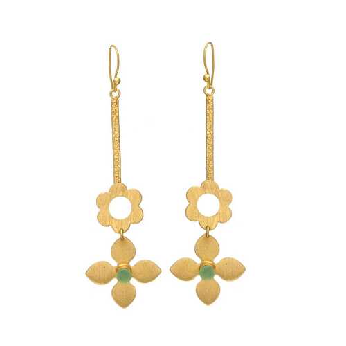 Gold Floral Earrings With Green Gemstone