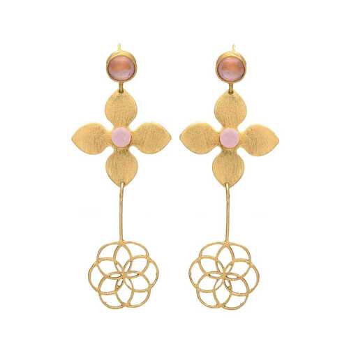 Sparkling Flower Shaped Golden Earrings with Pink Gemstone