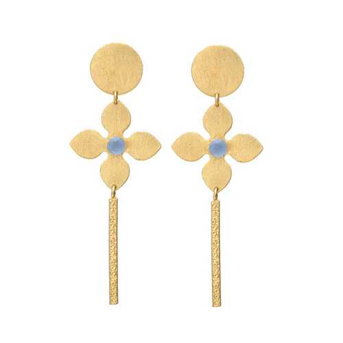 Elegant Golden Flower Earrings With Soft Blue Stone