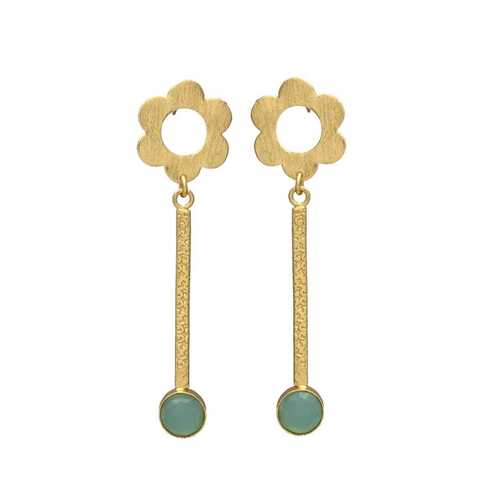 Gold Flower Bud Earrings with Sparkling Light Blue Stone