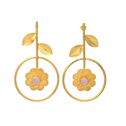 Gold Hoop Earrings with Delicate Pink Flower and Leaves