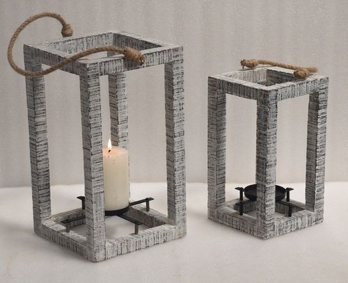 Wooden White Washed Lantern Set