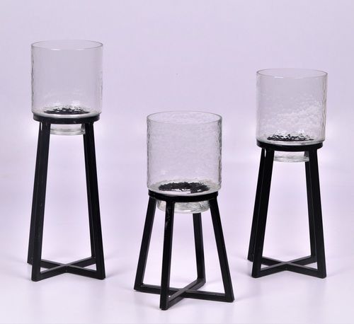 Set Of 3 Metal Stand Glass Lantern