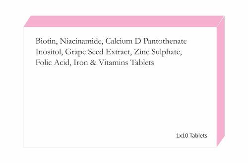 Biotin, Niacinamide, Calcium D Pantothenate, Inositol, Grape Seed Extract, Zinc Sulphate, Folic Acid, Iron & Vitamins tablets