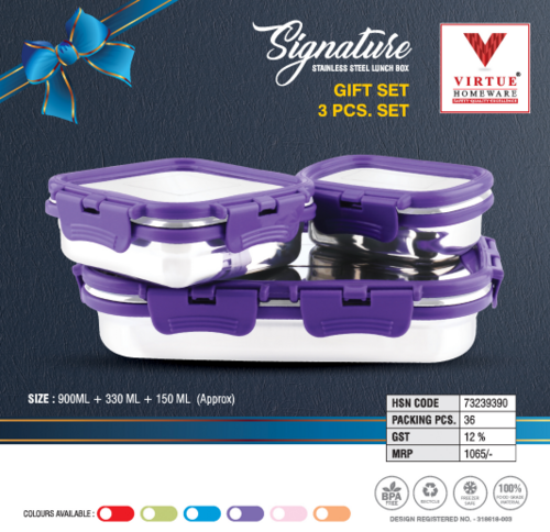 Signature Virtue Homeware Stainless Steel Gift Set Lunch Box - Capacity: 1000Ml + 500Ml + 150Ml