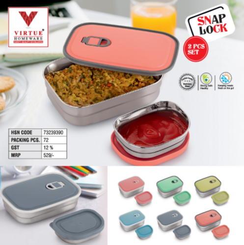 SNAP LOCK VIRTUE HOMEWARE STAINLESS STEEL LUNCH BOX - Medium Size (20cm x 14cm x 8cm) Leak Proof Inner Container with Food Grade Silicon Seal Anti-Slip Silicone Base
