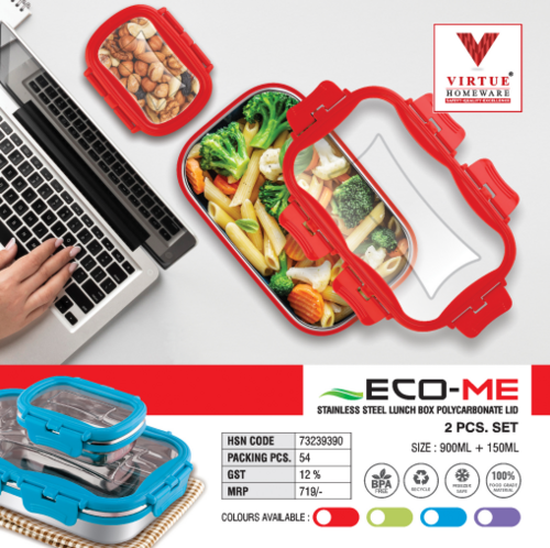 ECO ME VIRTUE HOMEWARE STAINLESS STEEL WITH POLYCARBONATE LID LUNCH BOX - 1000 ml | Red, Airtight Container, Leak Proof Inner, Food Grade Silicon Seal