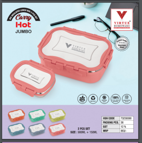 CARRY HOT VIRTUE HOMEWARE STAINLESS STEEL JUMBO LUNCH BOX