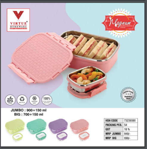 Magnum Virtue Homeware Insulated St. Steel Jumbo/ Big Lunch Box - Capacity: Jumbo: 1000 + 150 Ml Big: 700 + 150 Ml
