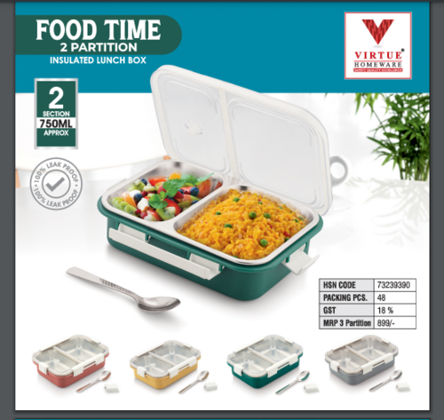Food Time 2 Partition Virtue Homeware Insulated Lunch Box - Capacity: 770 Ml