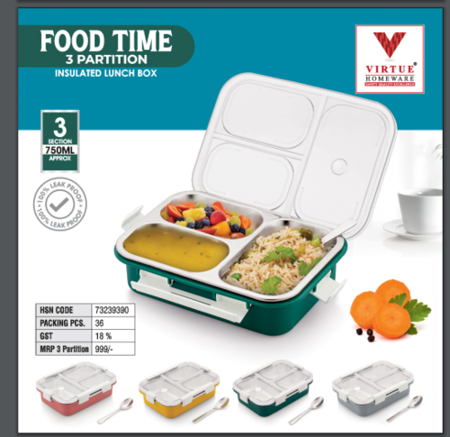 Food Time 3 Partition Virtue Homeware Insulated Lunch Box - Capacity: 1.5 L