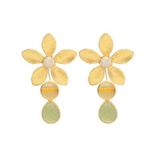 Delicate Milky Chalcedony Flower Dangle Green Quartz Earrings