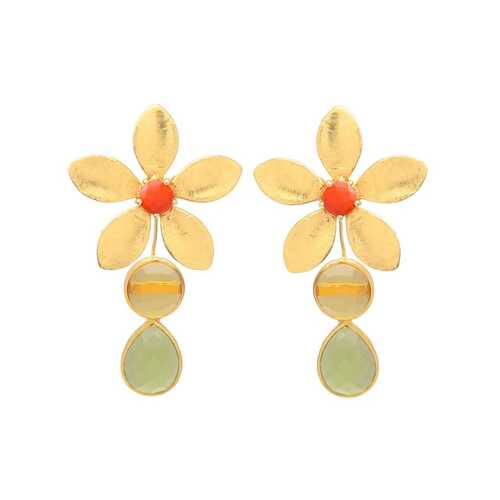 Delicate Orange Gemstone Flower Dangle Green Quartz Earrings