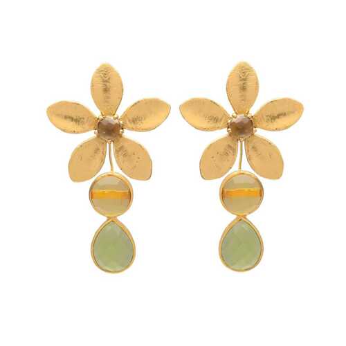 Delicate Gemstone Flower Dangle Green Quartz Earrings