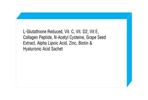 L Glutathione, Vit C, Vit D, Vit E, Collagen Peptide, N Acetyl Cysteine, Grape Seed, Alpha Lipoic Acid, Zinc, Biotin & Sodium Hyaluronate Sachet