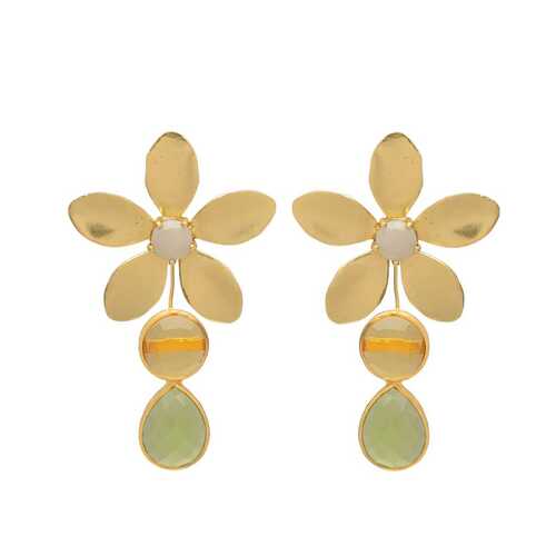 Delicate White Gemstone Flower Dangle Green Quartz Earrings