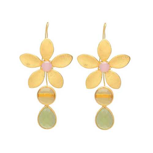 Delicate Pink Chalcedony Flower Dangle Green Quartz Earrings