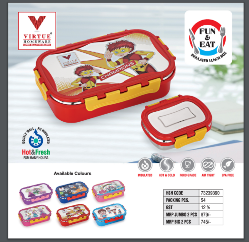 Fun & Eat Virtue Homeware Insulated Jumbo/ Big Lunch Box - Color: Available In Multiple Colors