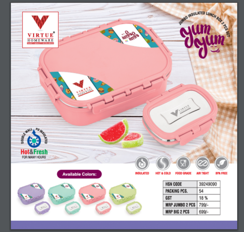 Yum Yum Virtue Homeware Insulated Jumbo/ Big Lunch Box - Capacity: 770 Ml + 370 Ml