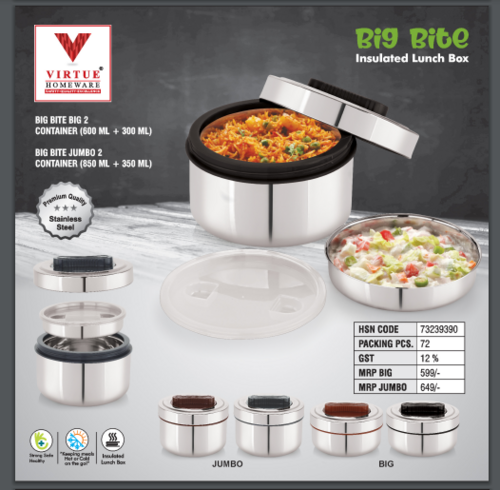 Big Bite Virtue Homeware Insulated Jumbo/ Big Lunch Box - Capacity: 500 Ml (Big) / 300 Ml (Jumbo)