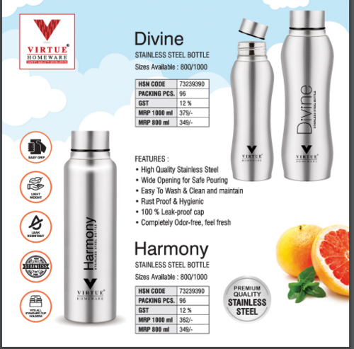 DIVINE/HARMONY VIRTUE HOMEWARE STAINLESS STEEL BOTTLE - Stainless Steel, Silver | Airtight Screw Cap, Leak Proof, Wide Opening for Safe Pouring, Easy to Clean