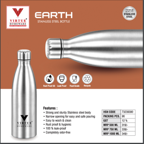 EARTH VIRTUE HOMEWARE STAINLESS STEEL BOTTLE - 1000 ml, Silver | Air Tight Leak Proof Lid, Wide Opening for Easy Pouring, Easy to Clean