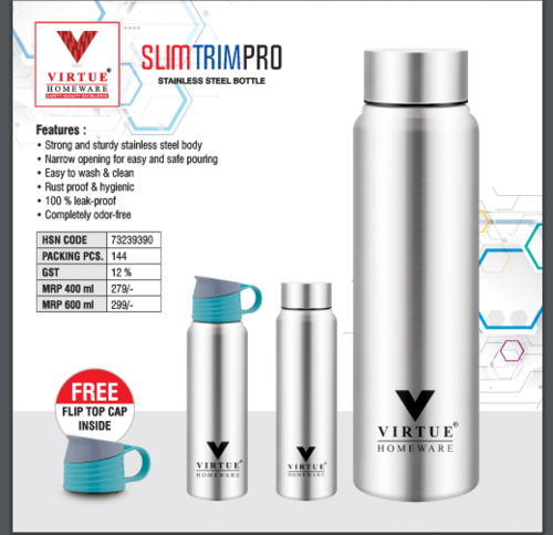 SLIM TRIM PRO VIRTUE HOMEWARE STAINLESS STEEL BOTTLE - 600 ml, Silver | Airtight Leak-Proof Lid, Wide Opening for Safe Pouring, Easy to Wash