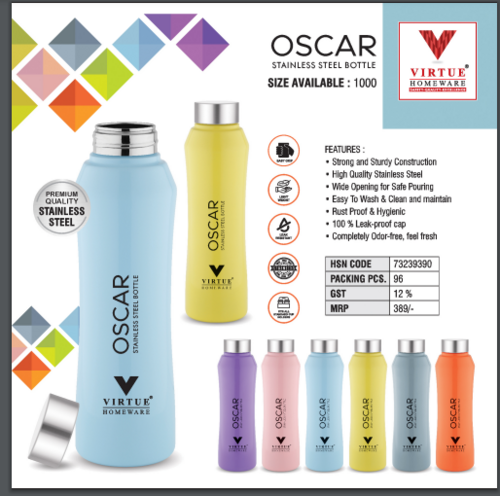 OSCAR VIRTUE HOMEWARE STAINLESS STEEL BOTTLE - 1000 ml , Pink Color | Airtight and Leak-Proof Screw Cap, Wide Opening for Easy Pouring & Cleaning