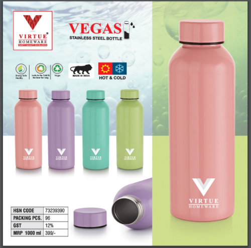 VEGAS VIRTUE HOMEWARE STAINLESS STEEL BOTTLE - 1000 ml, Pink Color , Airtight Leak Proof Lid, Wide Opening for Easy Pouring, Easy to Clean