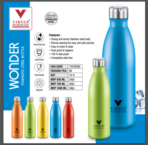 WONDER VIRTUE HOMEWARE STAINLESS STEEL BOTTLE - Stainless Steel, 1000 ml, Blue | Air Tight Leak Proof Lid, Wide Opening for Easy Pouring and Cleaning