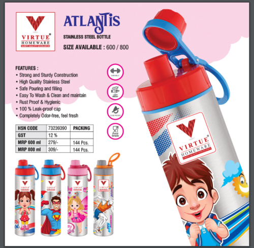 ATLANTIS VIRTUE HOMEWARE STAINLESS STEEL BOTTLE - 800 ml, Red | Air Tight & Leak Proof Lid, Wide Opening for Easy Pouring, Easy to Clean