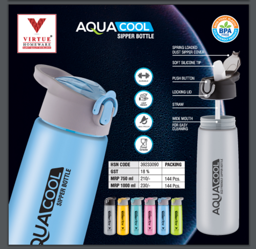 AQUA COOL VIRTUE HOMEWARE SIPPER BOTTLE - Stainless Steel, 1000 ml, Blue | Air Tight & Leak Proof Lid, Wide Opening for Safe Pouring, Easy to Clean