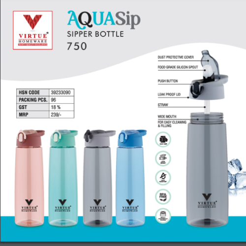 AQUA SIP VIRTUE HOMEWARE SIPPER BOTTLE - Plastic, 750 ml, Grey | Airtight & Leak Proof Lid, Wide Opening for Safe Pouring, BPA Free