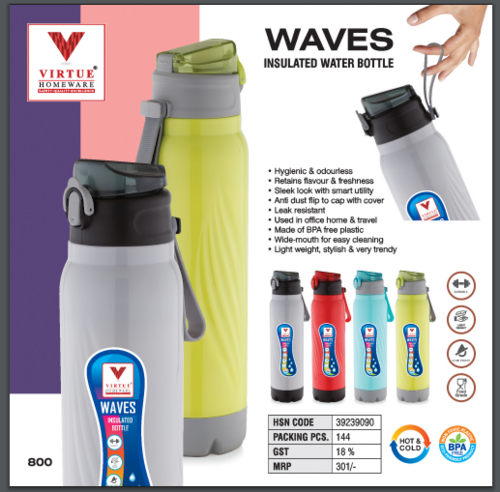 WAVES VIRTUE HOMEWARE INSULATED WATER BOTTLE - 800 ml Round Grey Plastic | Airtight & Leak Proof Lid, Wide Opening for Safe Pouring, BPA Free