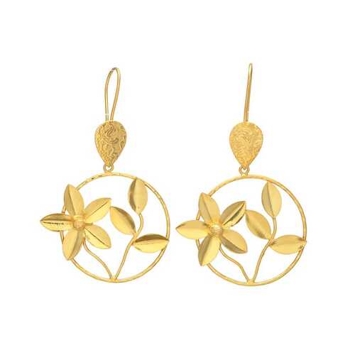 Gold Flower and Leaf Dangle Drop Earrings